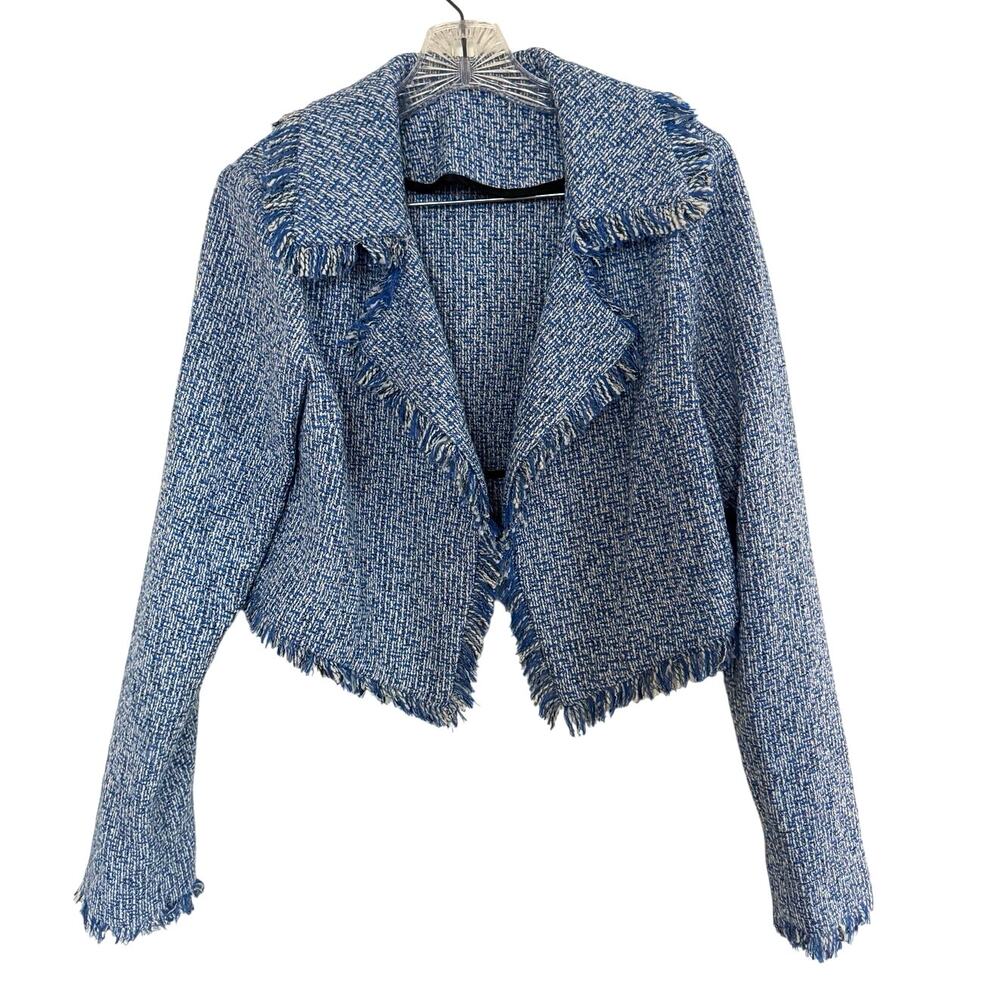 STAUD Blue White Linen Tweed Cropped Jacket Fringe Raw Edge Blazer size S
